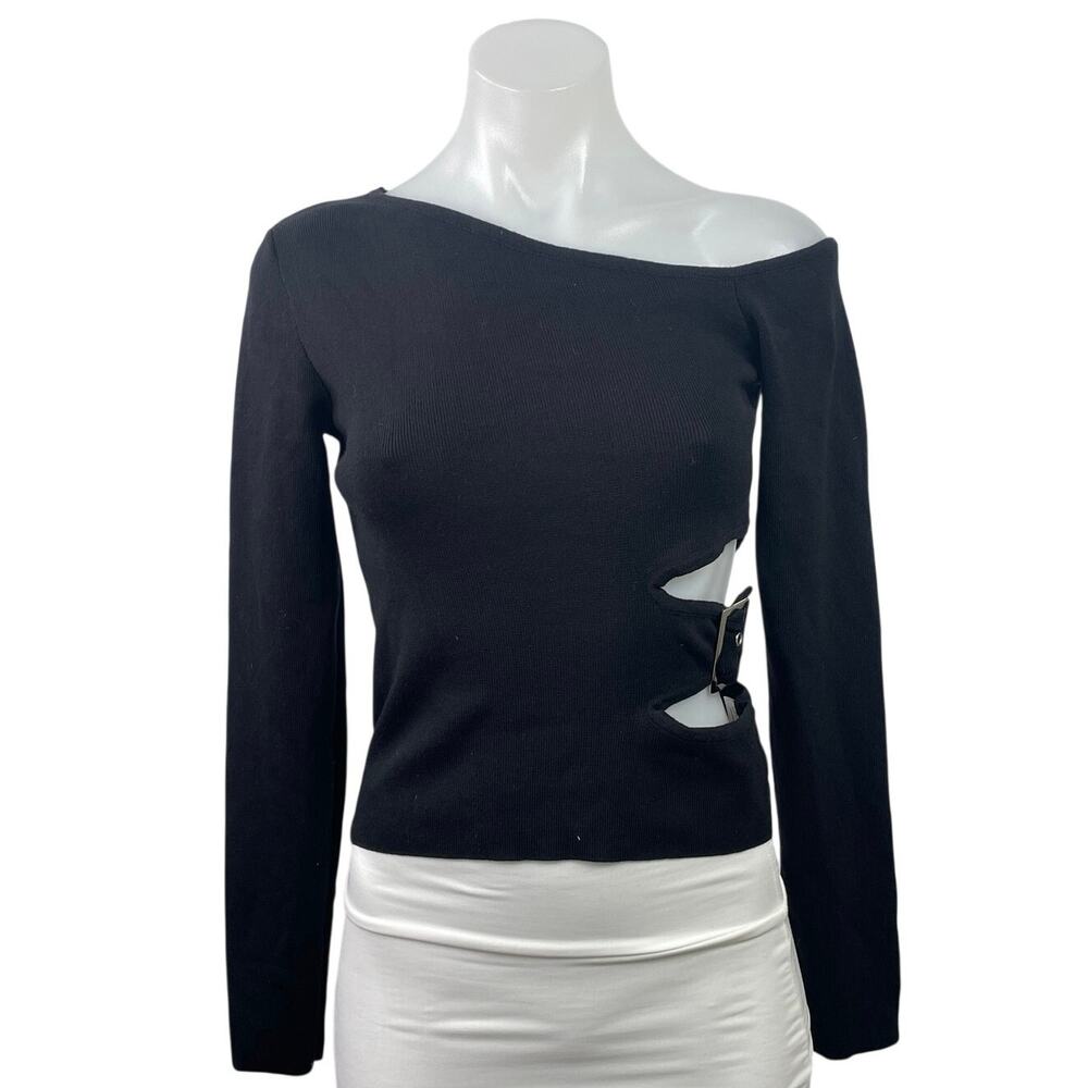 Superdown Romina Black Long Sleeve Cut Out One Shouder Crop Sweater Top Size M
